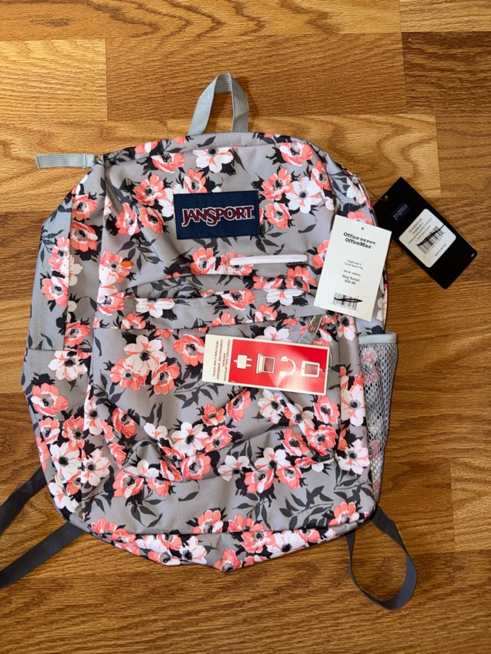 JanSport Gray Backpack with Coral Floral Print new